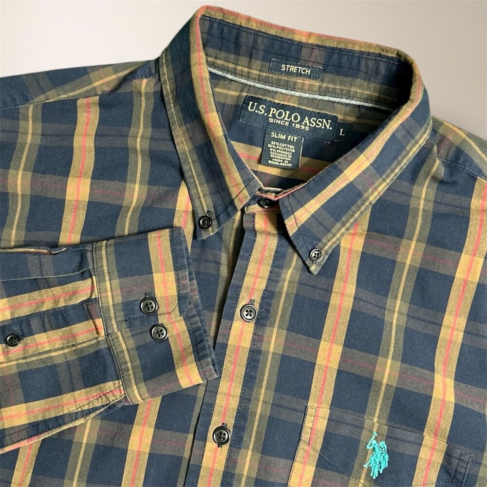 U.S. Polo Assn. Men’s L‎ Navy Yellow Plaid Stretch Button-Up Shirt Casual Preppy